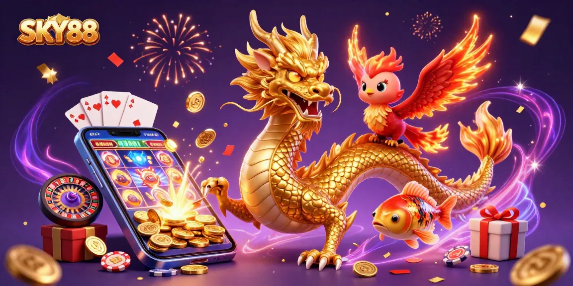 Engage in excitement with SKY88, showcasing a golden dragon, phoenix, and koi fish amidst vibrant casino elements.