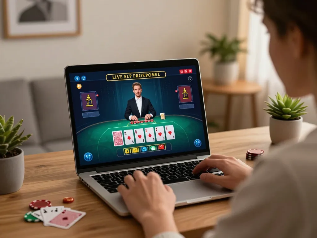 Player enjoying live dealer blackjack at home through the o8 platform, showcasing a vibrant gaming atmosphere.