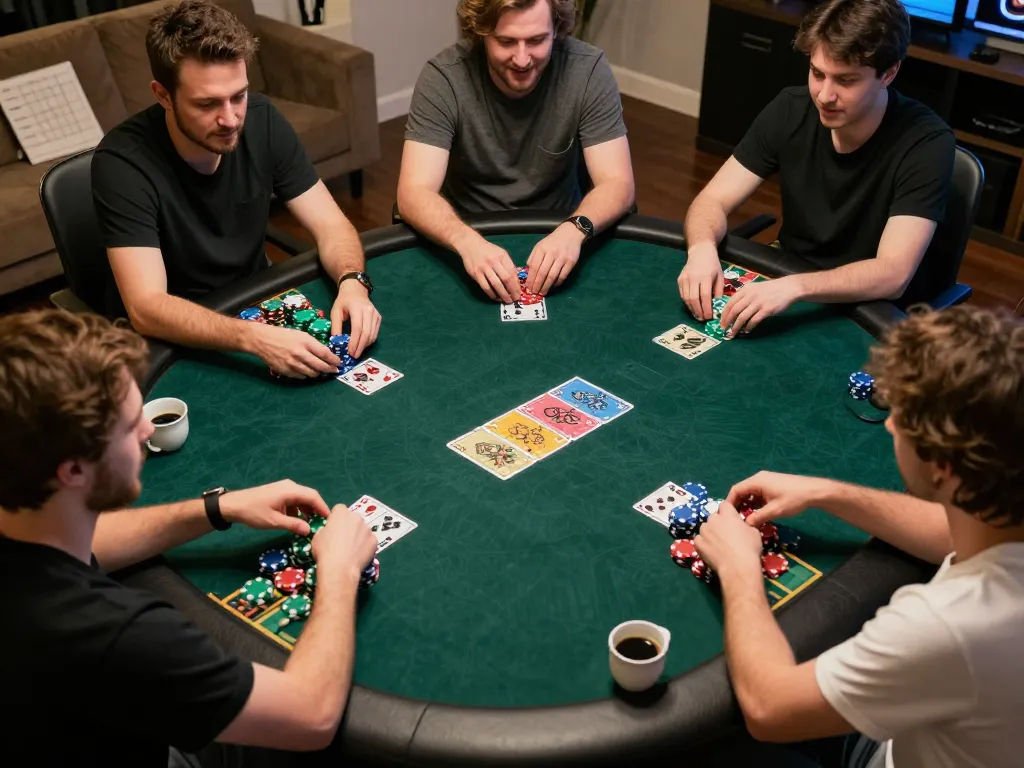 Players enjoy a thrilling sky88 online poker game, showcasing strategies with colorful chips and community cards.