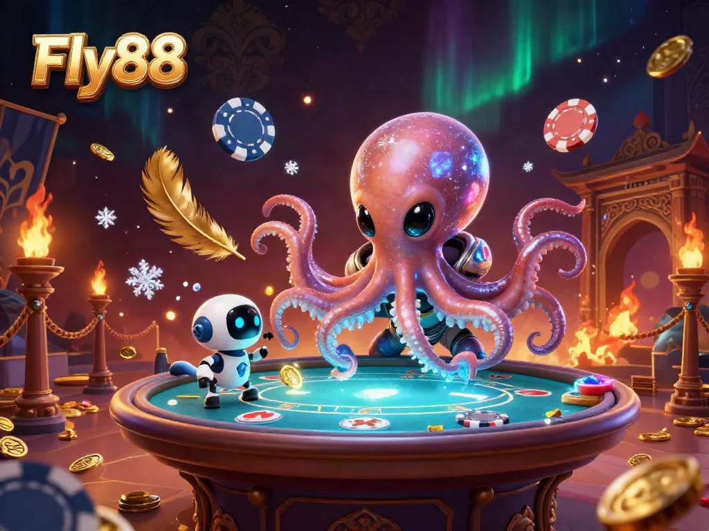 Engage in thrilling gameplay at Fly88 with an alien octopus managing a poker table, surrounded by dynamic gambling elements.