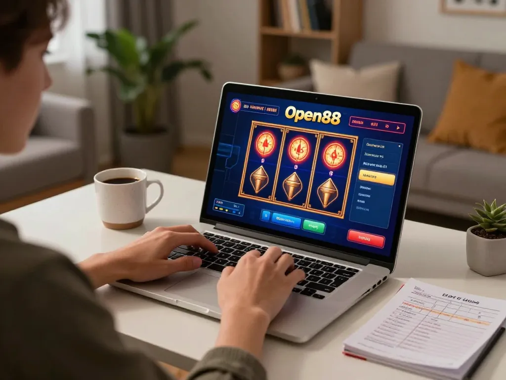 Engaging in an Open88 online casino session with strategic betting at home.
