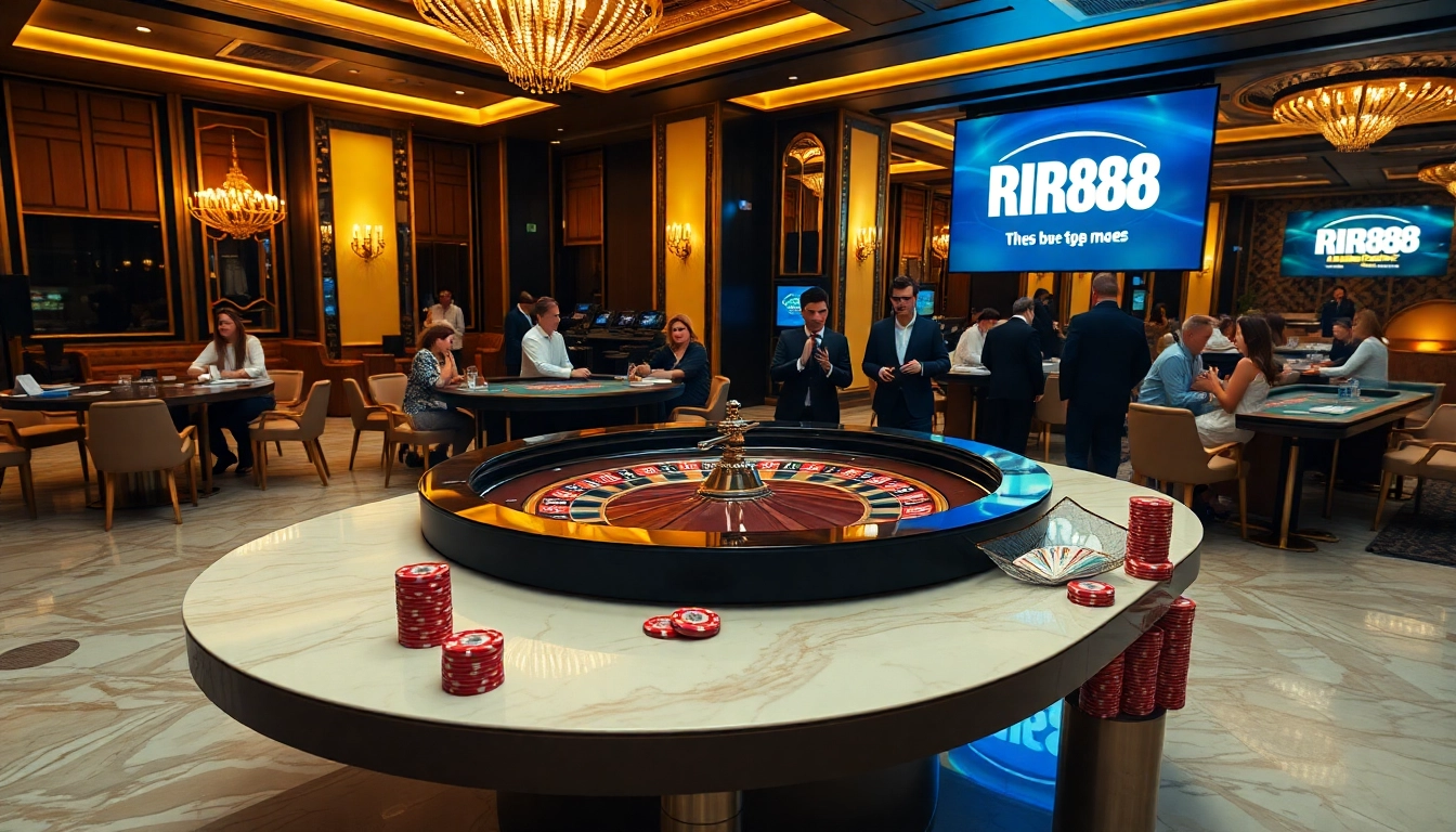 Experience the thrill of RR88 casino with vibrant poker chips and roulette games.