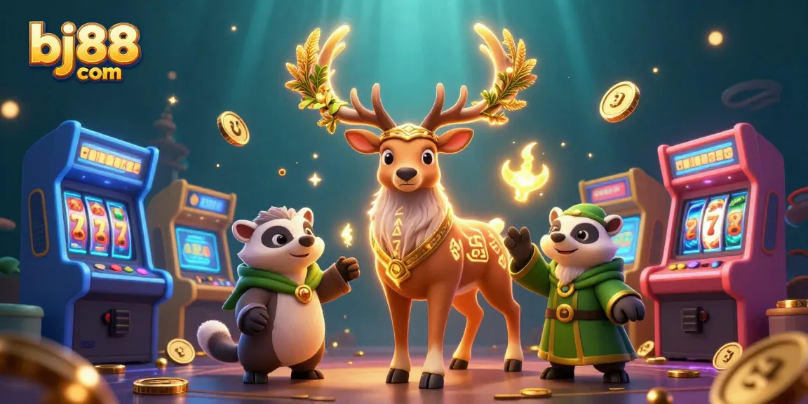 Join exciting gameplay at bj88 com with this vibrant 3D casino scene illustrating slot reels and dynamic characters.