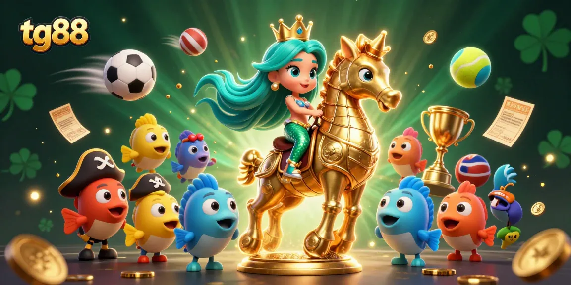 TG88 offers immersive online gaming with vibrant scenes of mermaids and colorful characters in a dynamic casino world.