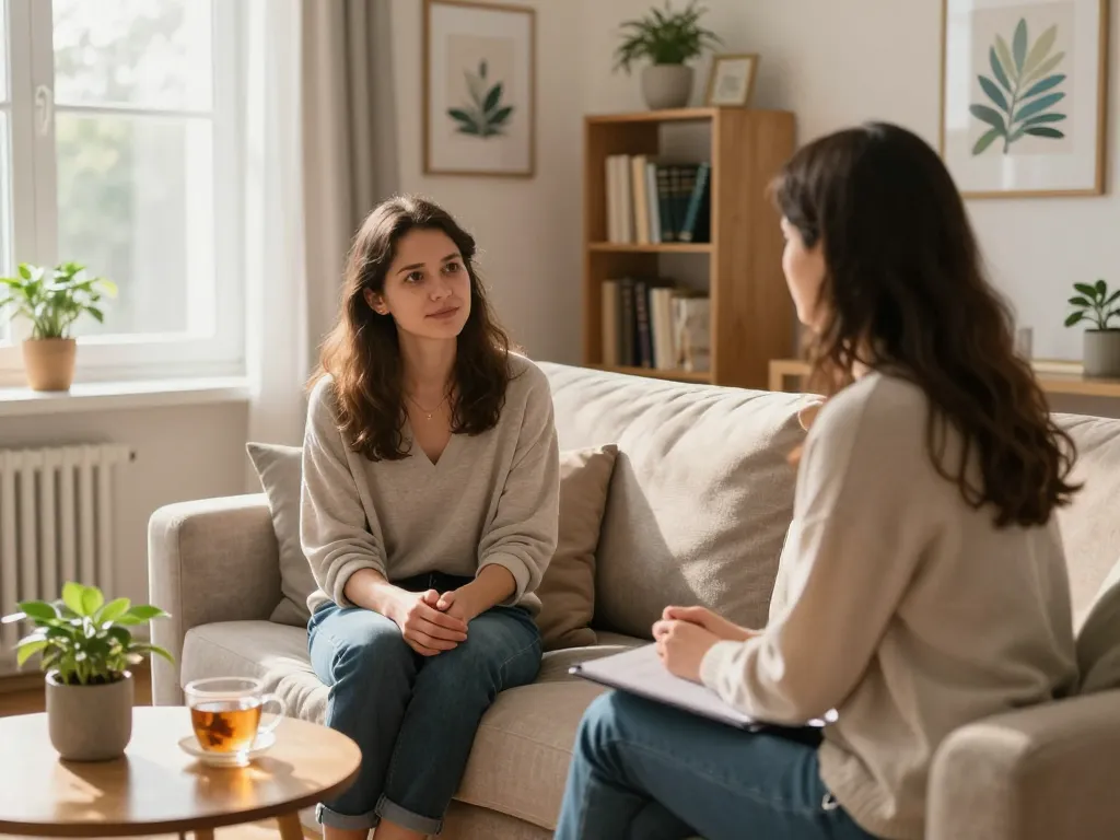 Therapiesessie bij Emendare GGZ met een cliënt en therapeut in een gastvrije omgeving, die mentale gezondheidszorg bevordert.