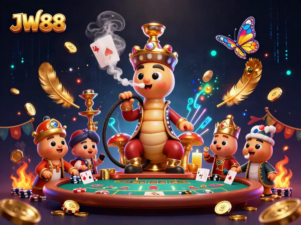 Experience JW88's vibrant casino world with a caterpillar hookah master in a lively game scene.