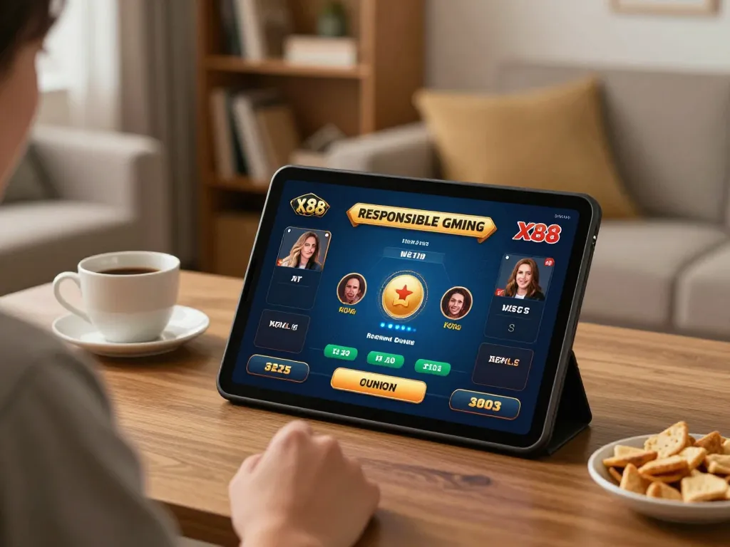 X88 online gambling setup with player interacting on a tablet in a cozy living room