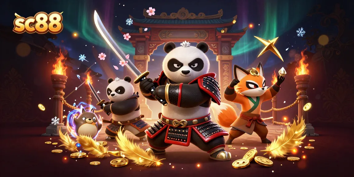 Engage in thrilling gameplay with sc88 featuring samurai panda, ninja fox, and magical spirit in a vivid casino scene.