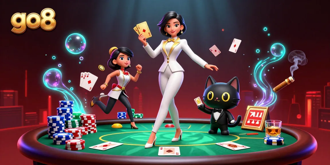 Experience thrilling casino action at go8 with a glamorous dealer, poker chips, and shimmering cards.