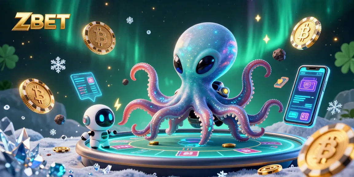ZBET showcases a vibrant scene with an alien octopus and a robot at a holographic poker table amid crypto elements.