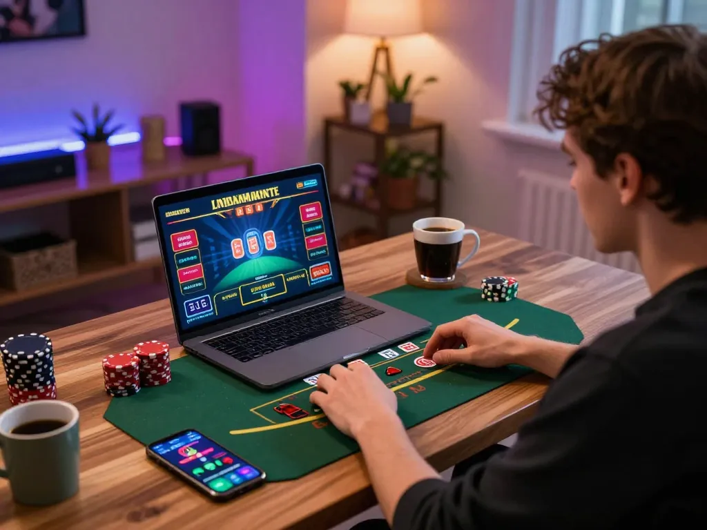 Engaging in live dealer blackjack on jun88pl com from a stylish home office, showcasing modern gaming.