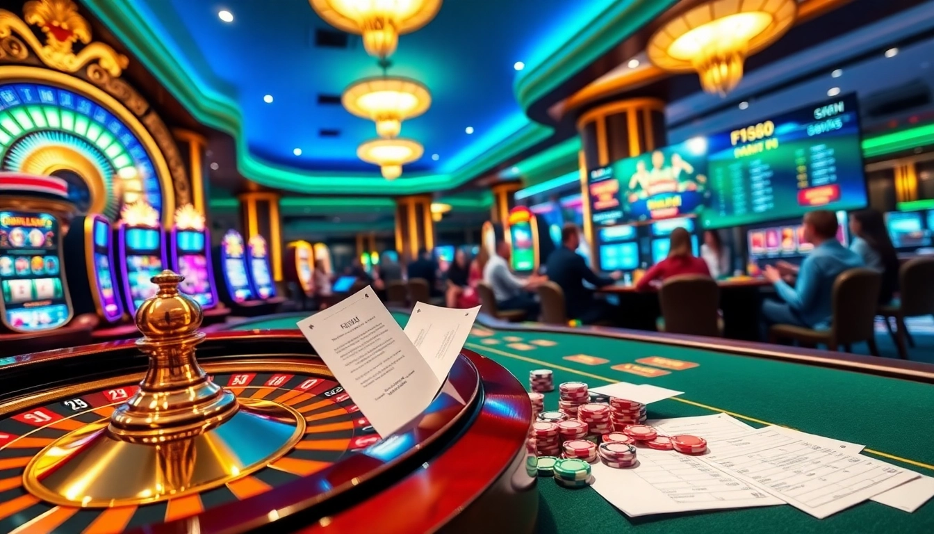 Players enjoying a thrilling game at F168's luxurious casino, surrounded by vibrant slot machines.