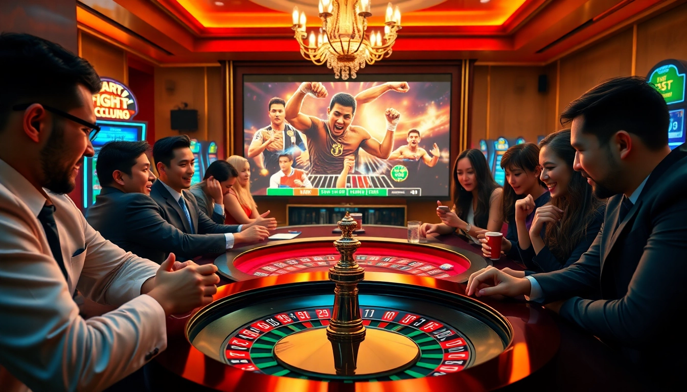 Experience the thrill of đá gà trực tiếp with a vibrant casino scene featuring live betting excitement.