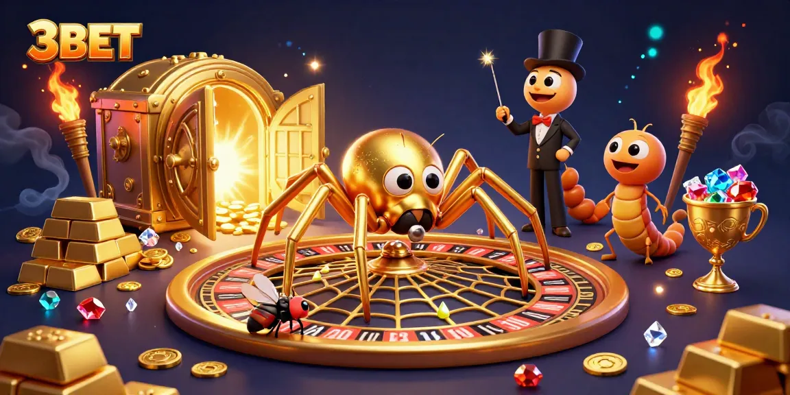 Experience the excitement of 3BET with golden spider betting on a roulette wheel in this vibrant casino scene.