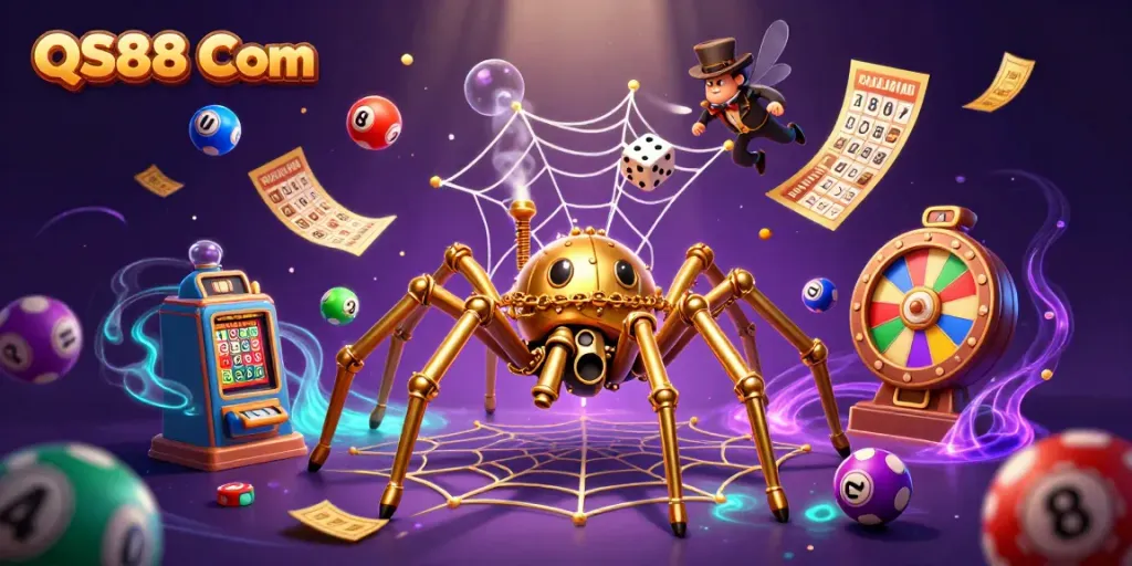 Experience the excitement of QS88 Com with vibrant lottery symbols caught in a whimsical casino web of entertainment.