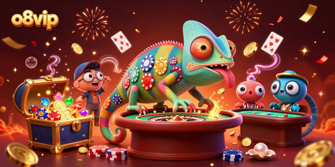 Catch golden coins at the o8vip casino with a colorful chameleon character amidst vibrant gaming elements.