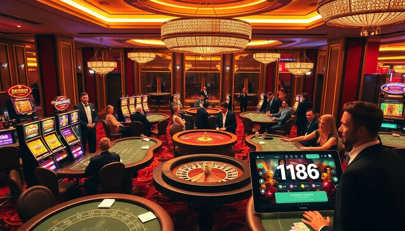 Players enjoying high-stakes games at F168 Casino, featuring a vibrant atmosphere and luxurious decor.