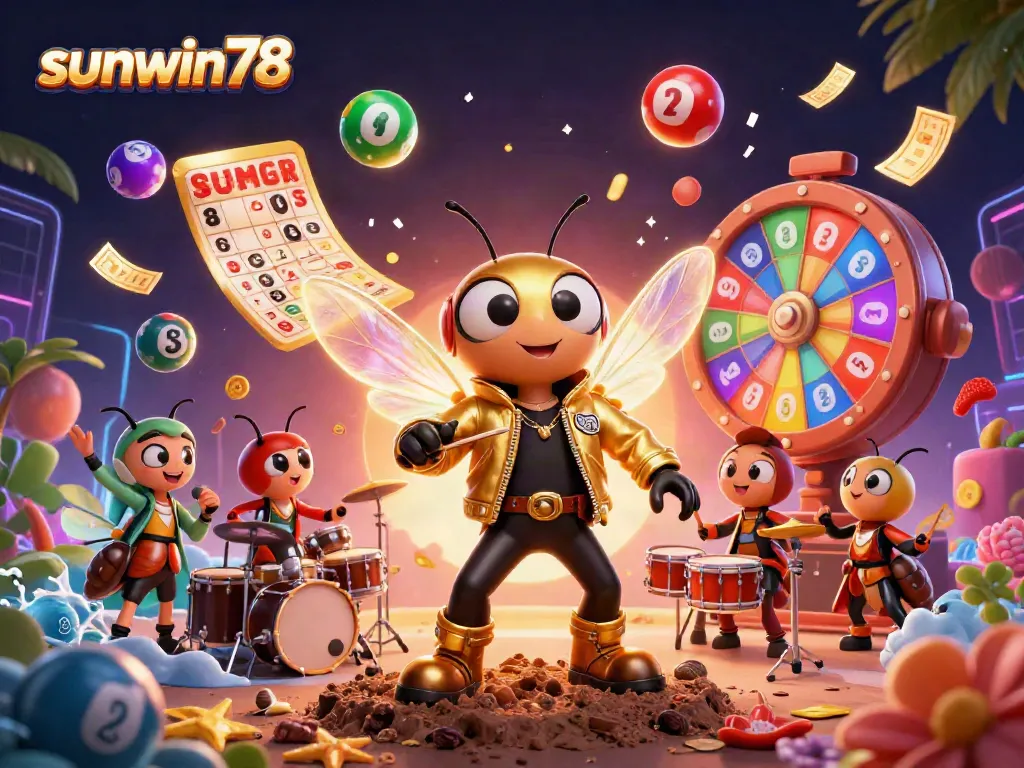 Join the lively world of sunwin78 with a vibrant cartoon rock star and a whimsical band in an exciting gambling scene.