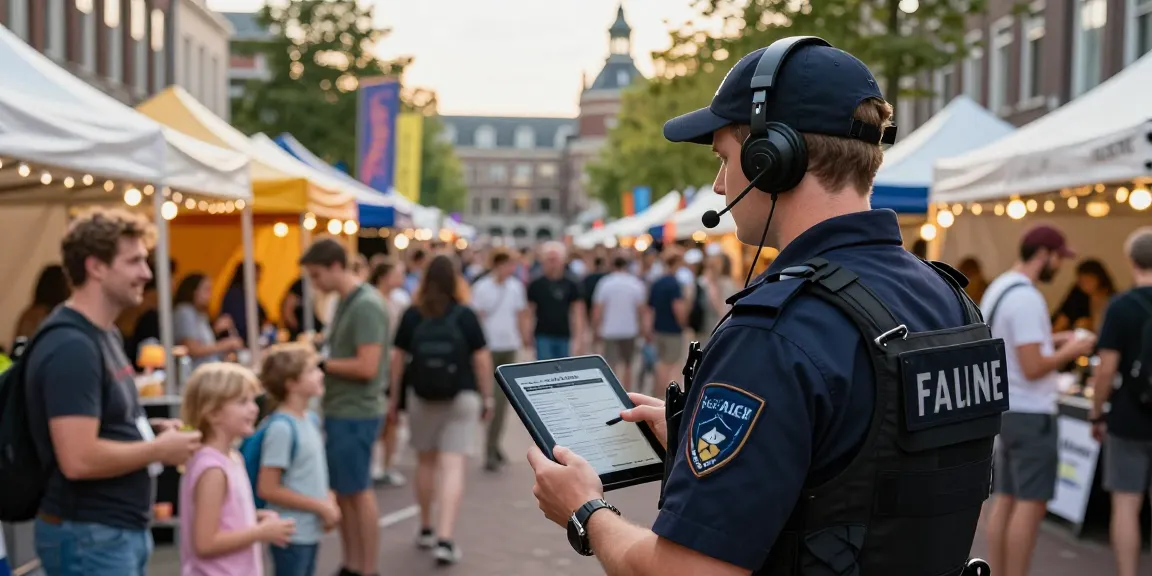 Security personnel ensuring safety at a lively street festival in Den Haag, highlighting beveiliging den haag efforts.