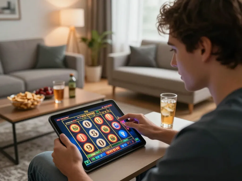 Player enjoying a thrilling ta88 online slot game on a tablet in a cozy living room, showcasing strategic gameplay.