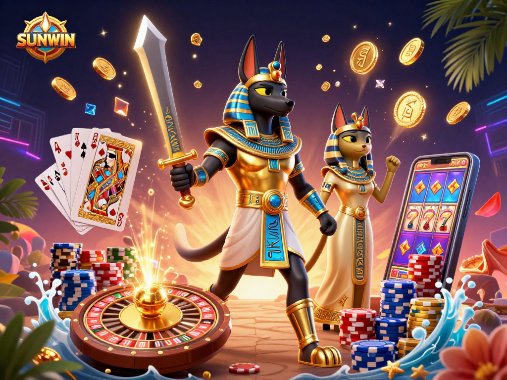 SUNWIN presents exciting gameplay with Anubis and Bastet amidst vibrant casino elements and treasures.