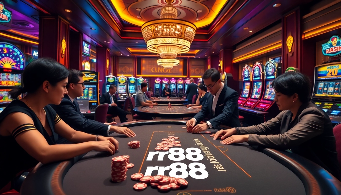 Players enjoying an exciting game at rr88 Poker Table in a luxurious casino atmosphere.