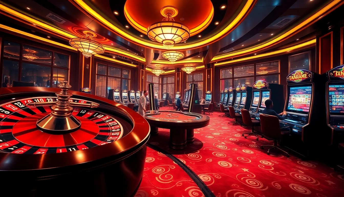 Experience the excitement of tải nhatvip in a luxurious casino setting with glowing slot machines and roulette wheels.