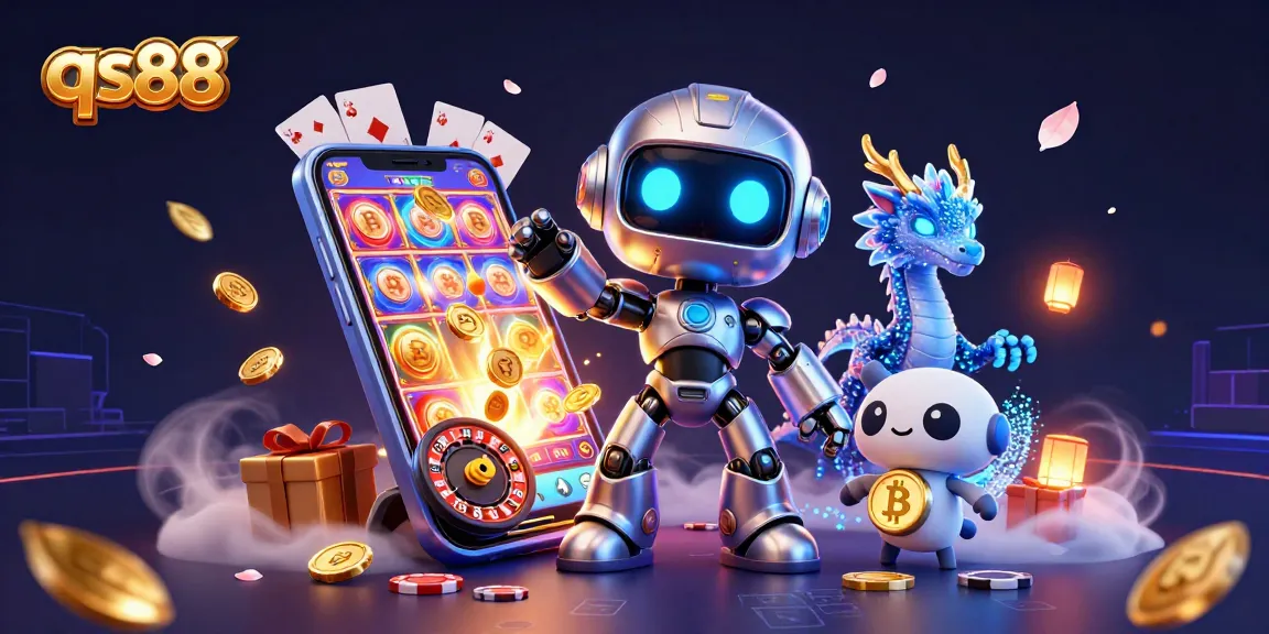 Spin to win on qs88 with a vibrant 3D illustration featuring a cyberpunk robot and casino games.