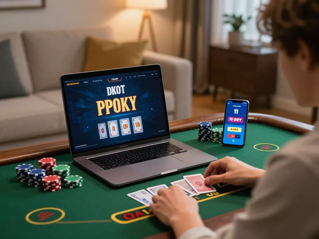 A player enjoying blackjack on 11bet while using a smartphone and laptop in a cozy home setting