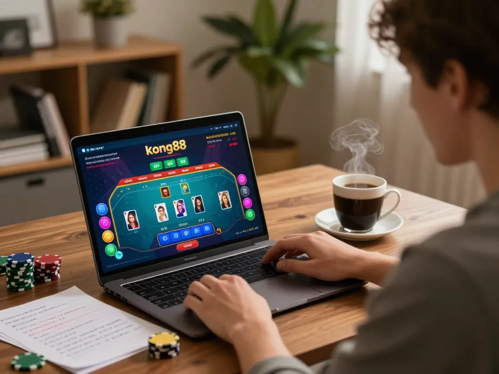 Engaging with the kong88 poker game interface from home, showcasing strategic online gaming.