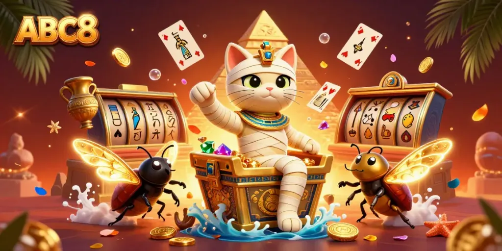 Win big at ABC8 with a vibrant and magical casino adventure featuring a mummy cat and a scarab.