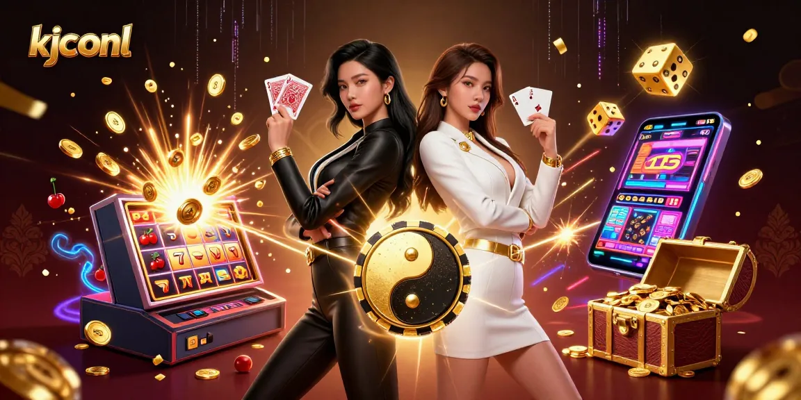 Experience the thrill of KJC onl with twin Asian women holding playing cards, dazzling casino elements, and vibrant colors.