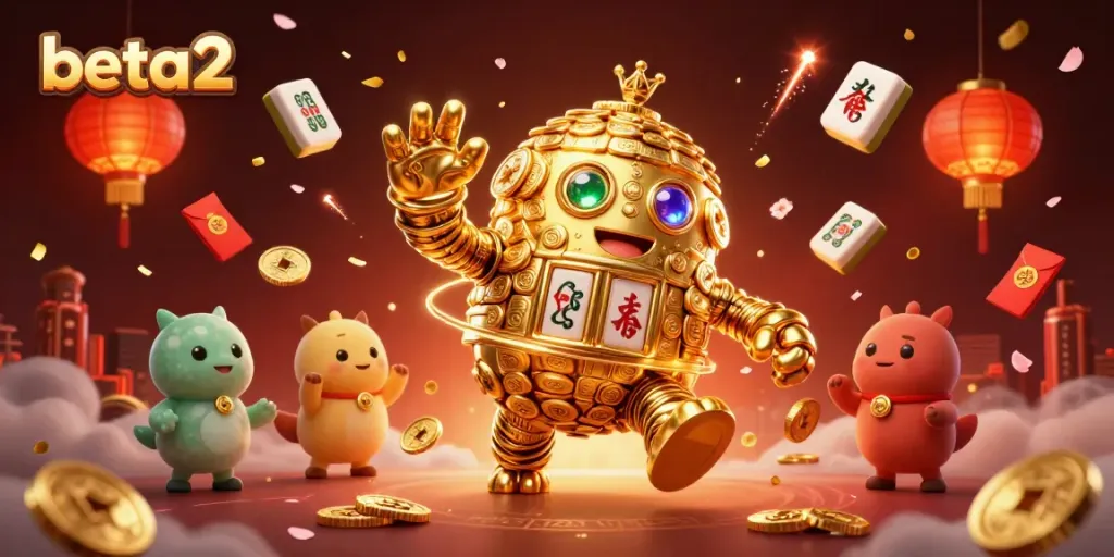 Engage in thrilling gameplay with beta2's vibrant casino elements and golden golem illustration.