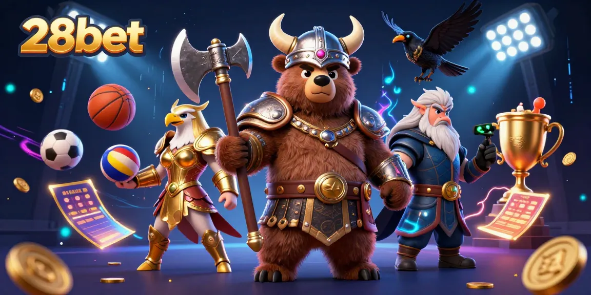 Engage with 28bet in a dynamic 3D casino world filled with vibrant sports elements and characters.