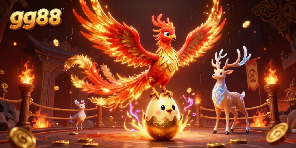 Experience the thrill of gg88 gaming with a vibrant casino-themed illustration featuring mystical creatures and golden treasures.