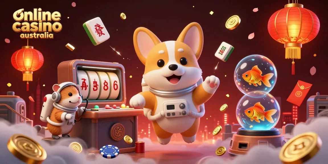 Engage in the online casino australia experience with astronauts, poker chips, and golden coins floating in a vibrant casino.