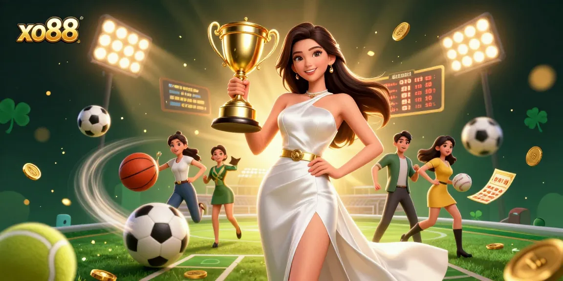 Xo88 showcases a victorious Asian woman in luxurious gown celebrating sports betting triumph.