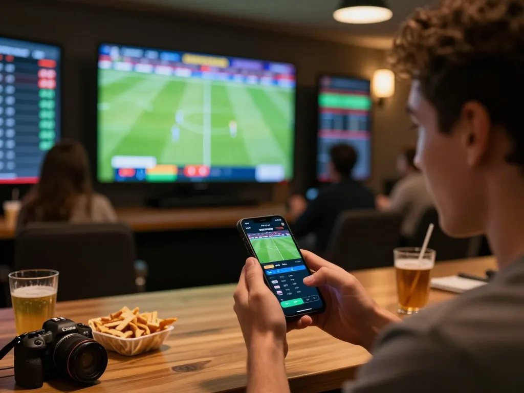 Socolive sports betting live scene capturing an enthusiastic bettor placing bets on a smartphone while watching a football match.