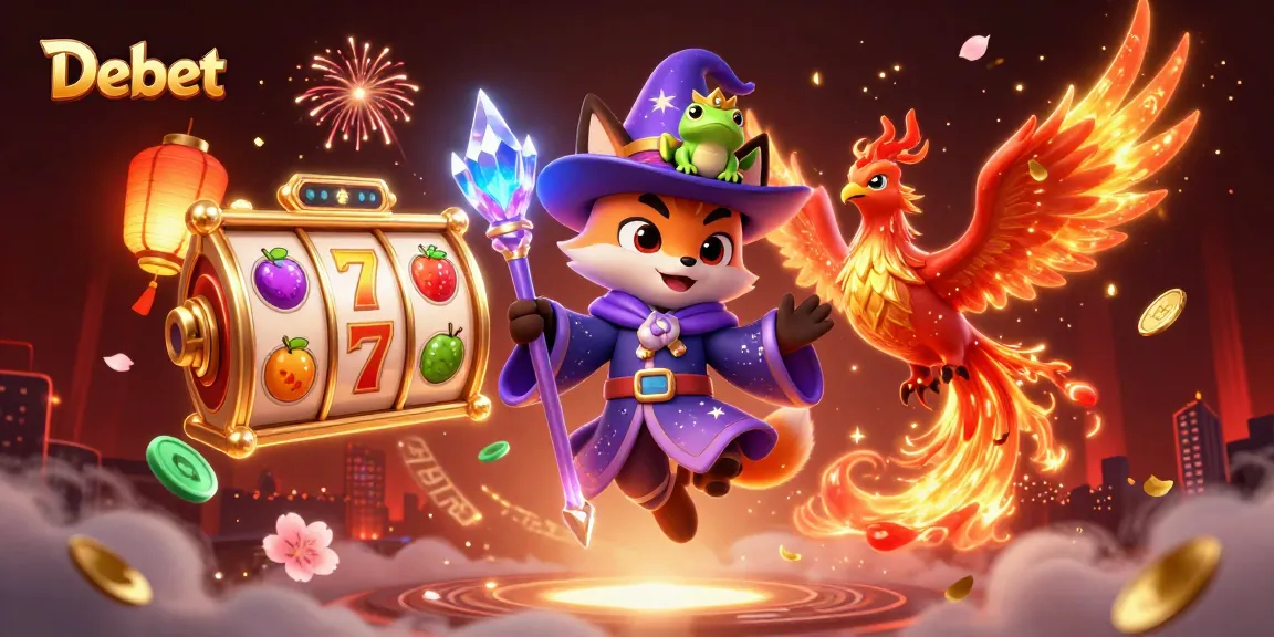 Experience the magic of Debet with a vibrant 3D casino scene showcasing a wizard and phoenix amidst spinning slot reels.
