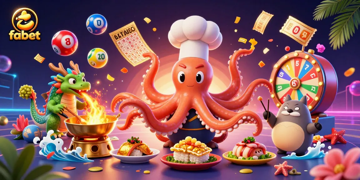 Experience fabet's thrilling casino atmosphere with an octopus chef, dragon, and tanuki amidst colorful gaming elements.