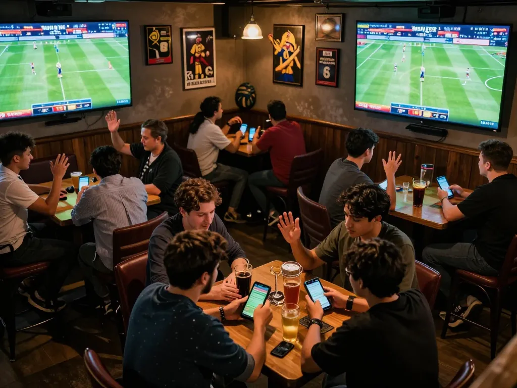 Watch enthusiastic bettors interacting with mobile apps in an exciting TX88 sports betting scene.