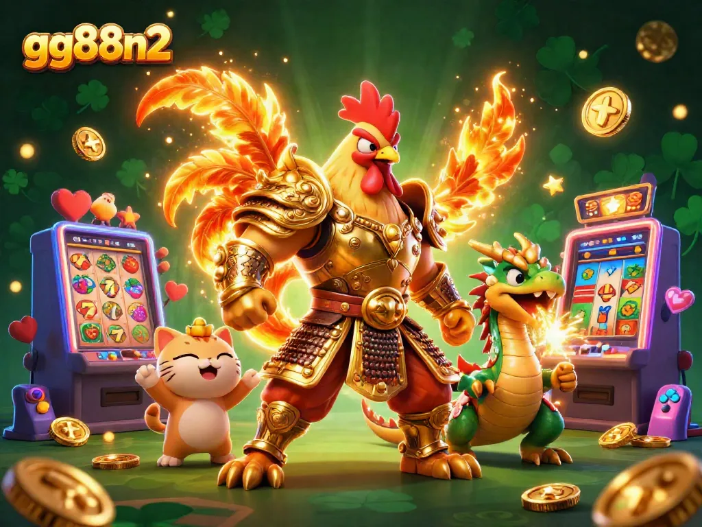 Engage with exciting gaming action at gg88n2 featuring vibrant 3D digital art of slot machines and fantastical characters.