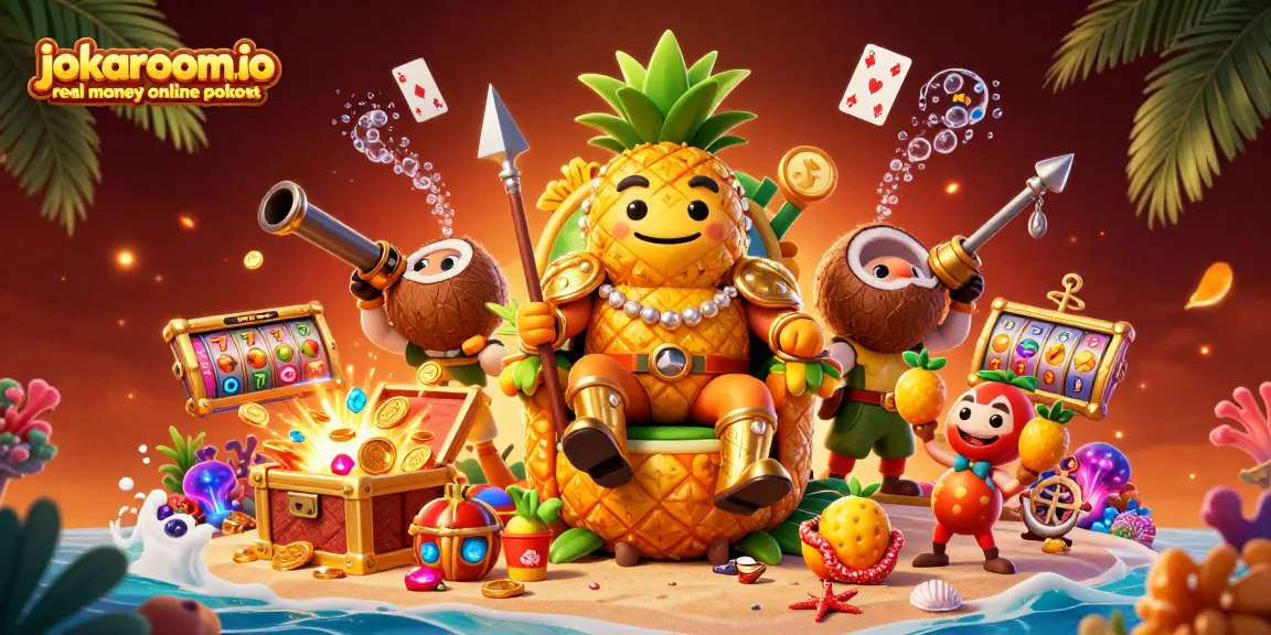 Spin and win with jokaroom.io real money online pokies in this vibrant 3D casino scene.