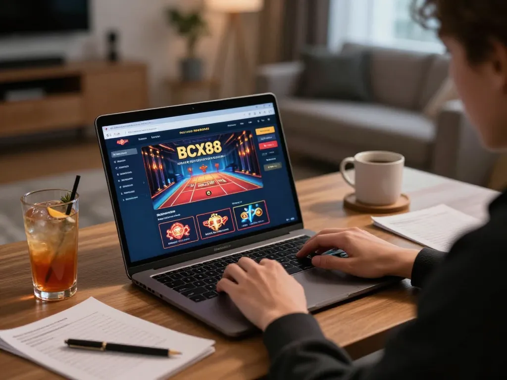 Engaging in online casino gaming with bcx88, showing a player focused on the laptop interface.