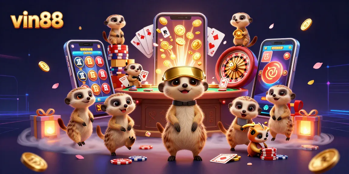 Experience exciting gaming moments at vin88 with a lively casino scene involving meerkats and dynamic elements.