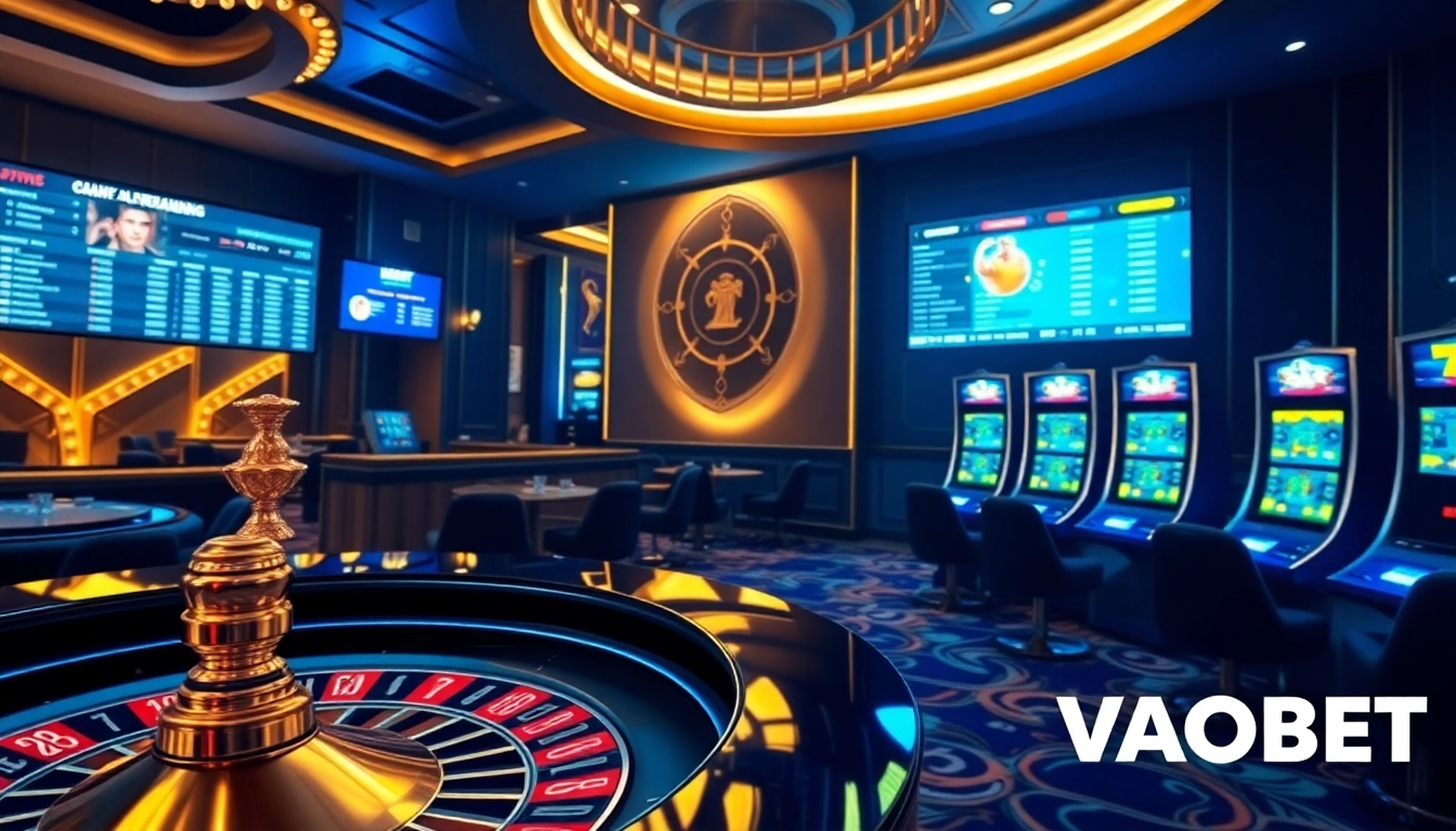 VAOBET offers a vibrant online gambling interface with poker chips and roulette, enhancing player experience.