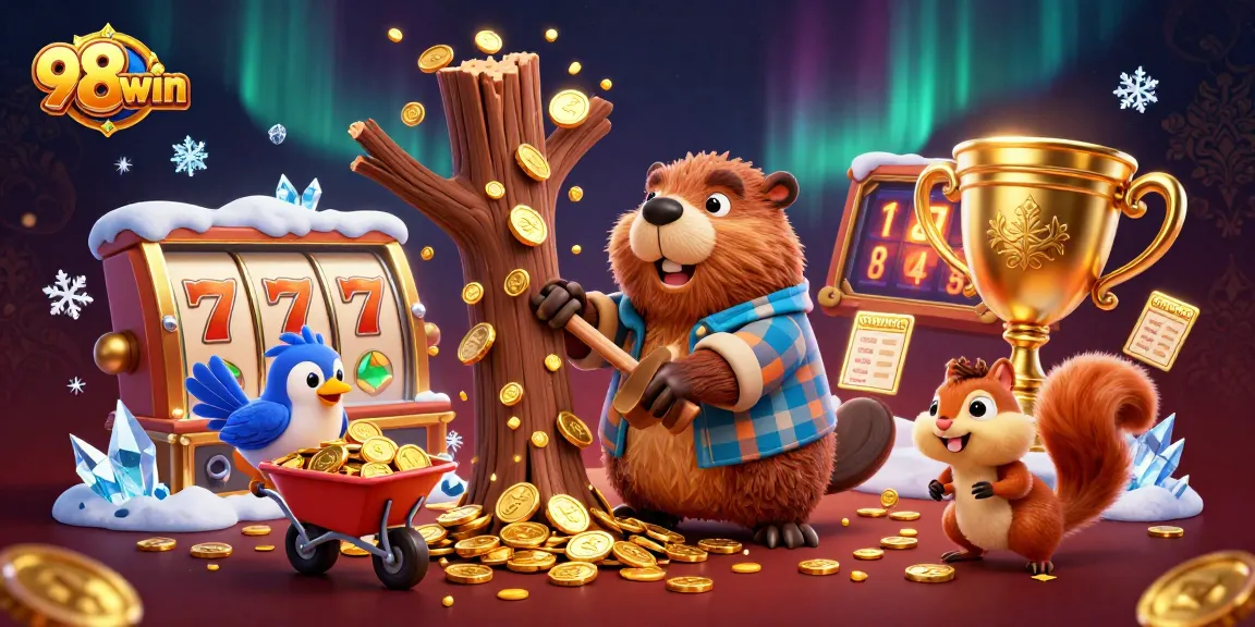 Experience the excitement of 98win with a vibrant 3D illustration of winning moments in slot games.