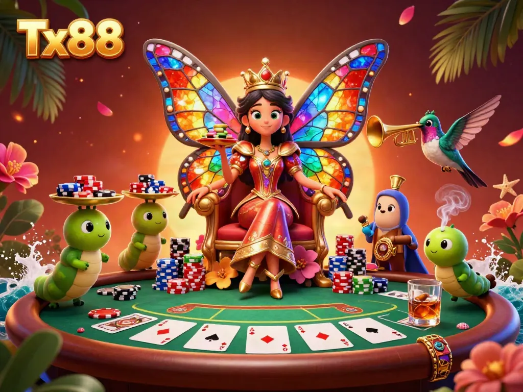 Experience Tx88 with a vibrant 3D scene featuring a butterfly queen, poker chips, and exciting casino elements.