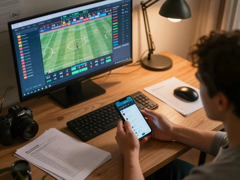 Person engaged in sports betting on smartphone and screens, showcasing tip88 betting activities.