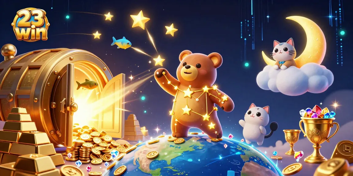 Experience excitement at 23 win with a vibrant casino-themed illustration full of treasure and casino elements.